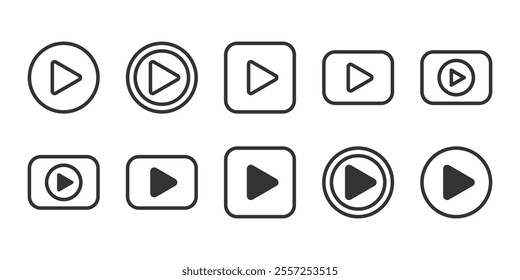 Play button isolated black outlined and shaped illustration collection buttons. Vector icons in flat style