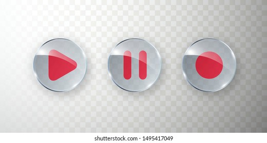 Play Button Isolated On Transparent Background. Glass, Acrylic Or Plastic Circle Video Begin And Pause Icons. Vector Glossy Round 3d Buttons Set.
