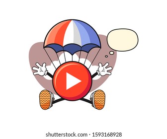 Play button jumping parachute with thought bubble cartoon. Mascot Character vector.