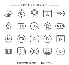  Play button line icons set vector film audio camera video movie cinema multimedia Editable stroke of live streaming, broadcasting, online stream. Lower third template tv, shows, movies buttons icon