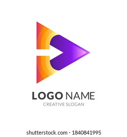 play button logo design with 3d orange and purple color style