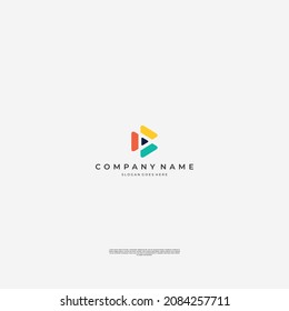 play button logo design suit for movie business with triangle play button combine with circle dan square logo vector with elegant and minimalistic logo design 