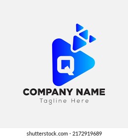Play Button Logo On Letter Q Template. Play icon On Q Letter, Initial Play Sign Concept