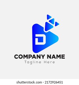 Play Button Logo On Letter D Template. Play icon On D Letter, Initial Play Sign Concept