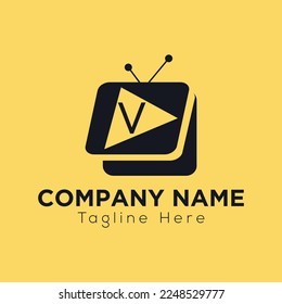 Play Button Logo On Letter V Template. Play icon On V Letter, Initial Play Sign Concept