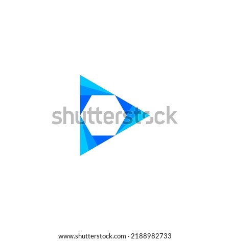 Play button logo with three tone blue color. Triangle logo.