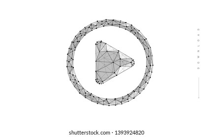 Play button. Low poly wireframe style. Abstract illustration isolated on white background.  Particles are connected in a geometric silhouette