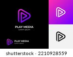 Play button for media app logo design with initial letter p line logo. Streaming service app Logotype. Multimedia player icon design element for Music and movie start sign, audio and video editor logo