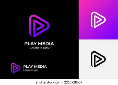Play button for media app logo design with initial letter p line logo. Streaming service app Logotype. Multimedia player icon design element for Music and movie start sign, audio and video editor logo