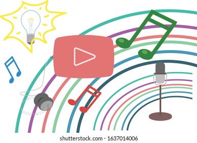 play button, microphone headphones on the background of colored rings