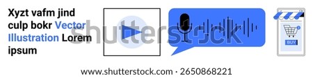 Play button, microphone with sound wave, and shopping bag icons in blue. Ideal for tech blogs, podcasts, eCommerce sites, digital platforms, media websites, online tutorials, interactive content