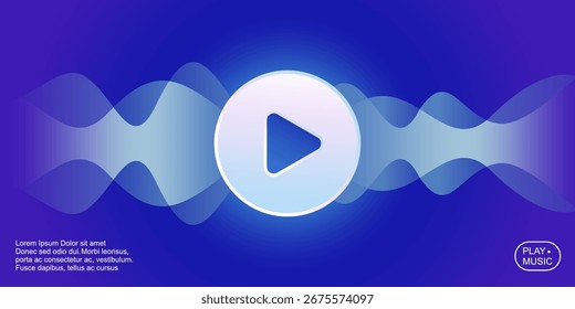 Play button music with Abstract digital sound wave equalizer lines blue gradient on BLUE background. Design element for music vector illustration. Audio speech spectrum noise with play button. 