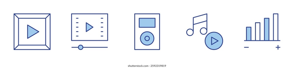 play button, music, volume, video clip, music player. Multimedia Icon vector illustration. Line Duotone style. Editable stroke.