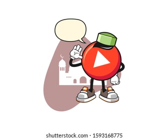 Play button muslim with speech bubble cartoon. Mascot Character vector.