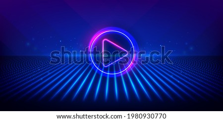 Play button on abstract purple and blue background. Multimedia, audio, video, cinema, music abstract background with neon glowing triangle Play Icon. Vector image.