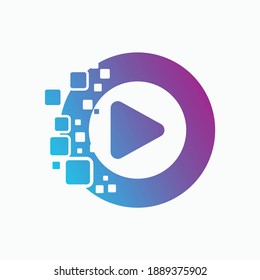 play button on circle shape with pixel logo