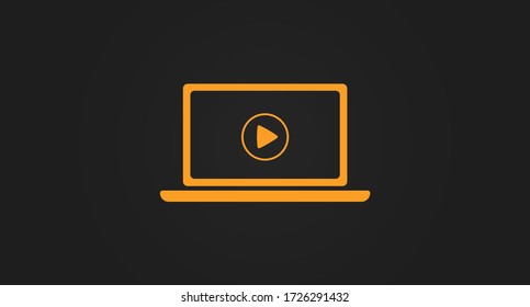 Play button on the laptop monitor drawn in a flat style. Concept of online content on the Internet. Social media element. Vector illustration