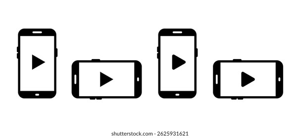 Play button on mobile phone screen icon set. Streaming video on cellphone display sign symbol