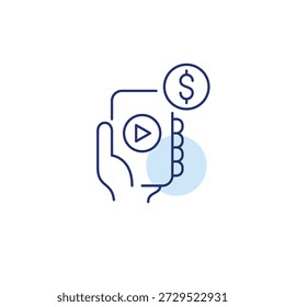 Juega Botón en el teléfono y dólar. Video Costos del App de alojamiento o transmisión de medios. Suscripción o pago. Icono de Vector de trazo perfecto y editable