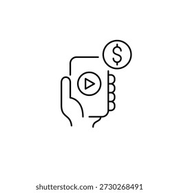 Juega Botón en el teléfono y dólar. Gastos de App de hosting o streaming de medios. Suscripción o pago. Icono de Vector de trazo perfecto y editable