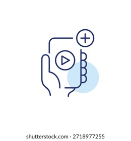Play button on phone and plus symbol. App start, video launch. Pixel perfect, editable stroke vector icon