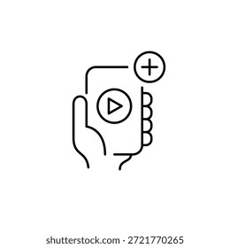 Juega al Botón en el teléfono y al símbolo plus. Inicio del App Video, lanzamiento. Icono de Vector de trazo perfecto y editable