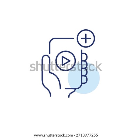 Play button on phone and plus symbol. App start, video launch. Pixel perfect, editable stroke vector icon