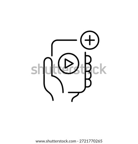 Play button on phone and plus symbol. App start, video launch. Pixel perfect, editable stroke vector icon