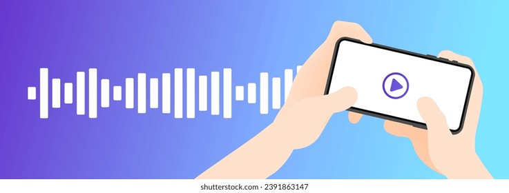 Play-Taste auf dem Telefonbildschirm. Flat, blau, Telefon in der Hand, Play-Taste, Schallwellen. Vektorgrafik