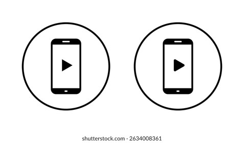 Play button on phone screen icon on circle line. Streaming video on smartphone sign symbol