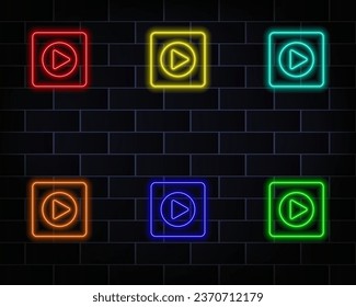Play button on purple and blue abstract background. Multimedia, audio, video, cinema, music abstract background with neon glowing triangle Play Icon. Vector image.. red. yellow, blue, pink, orange.