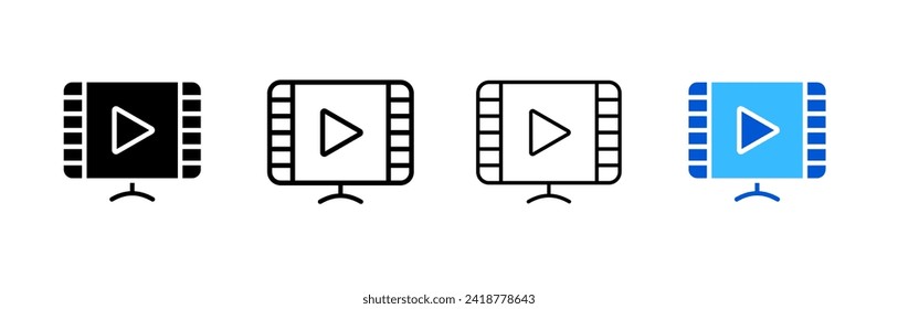 Play button on screen icon set. Movie screen. Silhouette, linear, and flat style. Vector icons.