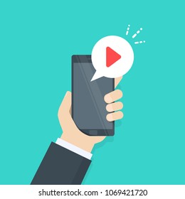 Play button on smartphone screen. Watch video on mobile phone. Graphic concept for web banners, website, infographics. Vector illustration