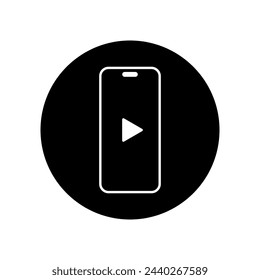 Play button on smartphone screen icon vector. Cellphone on black circle