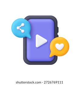Juega al Botón en la pantalla del teléfono inteligente y las burbujas de discurso con el símbolo de compartir y corazón. Video Multimedia, redes sociales, contenido, streaming y concepto de entretenimiento. Icono de Vector 3D. Estilo minimalista de dibujos animados.