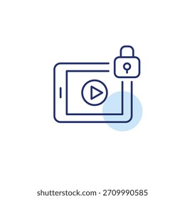Juega al Botón en la tableta y bloquea. Sistema de audio cifrado, reproductor seguro. Icono de Vector de trazo perfecto y editable