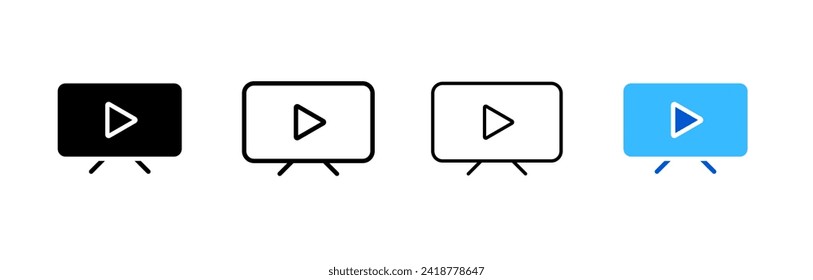 Botón Reproducir en TV. Silhouette, lineal y plano. Iconos vectores.