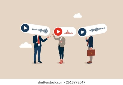 Play button on a voice message. Have lively discussion. Productive dialogue or conversation between. Flat vector illustration. 