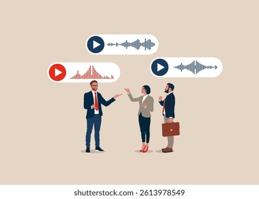Play button on a voice messages, sound waves. Business people have lively online discussion. Productive dialogue or conversation between man and woman. Communication between coworkers and team. 