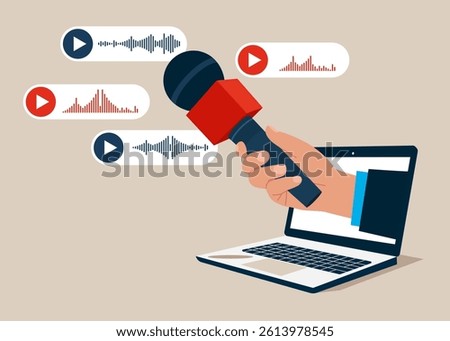 Play button on a voice messages, sound waves. Microphones in the hands of a reporter from a Laptop screen. Press Conference Idea, Interviews, latest news. Flat vector illustration