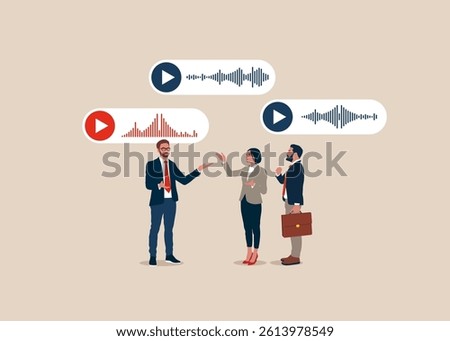 Play button on a voice messages, sound waves. Business people have lively online discussion. Productive dialogue or conversation between man and woman. Communication between coworkers and team. 