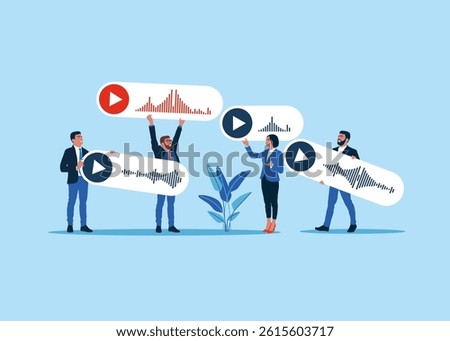 Play button on a voice messages, sound waves. Positive thinking business people. Modern vector illustration in flat style