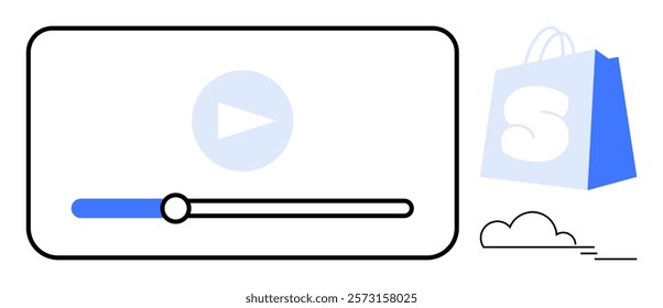 Play button overlaying a simple video player and a shopping bag with letter S. Ideal for e-commerce, video marketing, online shopping, media consumption, technology. Clip art style