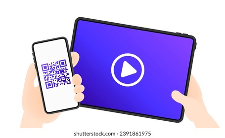 Play button and qr-code. Flat, phone and tablet screen, play button, qr-code on the phone screen. Vector illustration