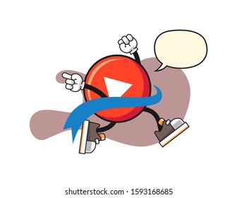 Play button reach the finish line with speech bubble cartoon. Mascot Character vector.