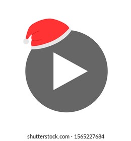 Play Button In Red Christmas Hat. Vector Icon.