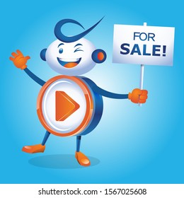 Play Button Robot Character Holding A Sale Sign