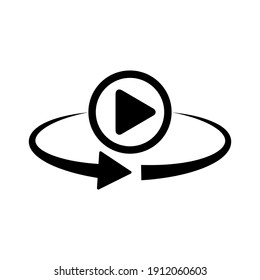Play button rotation icon. 360 degree rotation. Black video play button. Vector illustration.