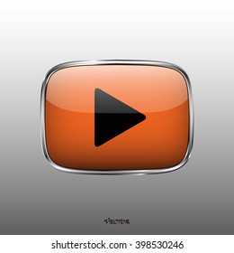 The play button, rounded square shape, isolated on white background. Media player icon. Orange color button on silver border.