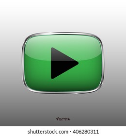 The play button, rounded square shape, isolated on white background. Media player icon.  Light green color button on silver border.